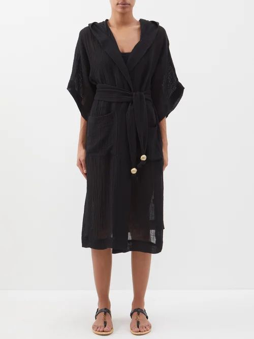 Organic Linen-blend Hooded Robe - Womens - Black