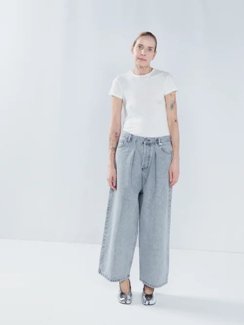 Extra Fold Organic-cotton Wide-leg Jeans - Womens - Light Grey