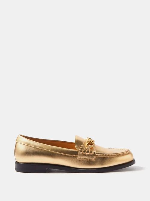V-logo Metallic-leather Loafers - Womens - Gold