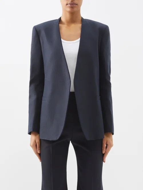 Single-breasted Collarless Linen Jacket - Womens - Navy