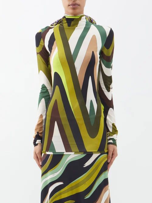 Tie-collar Abstract-print Jersey Top - Womens - Green Print