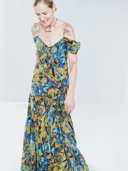 Uv Floral Print Draped-sleeve Silk Dress - Womens - Multi