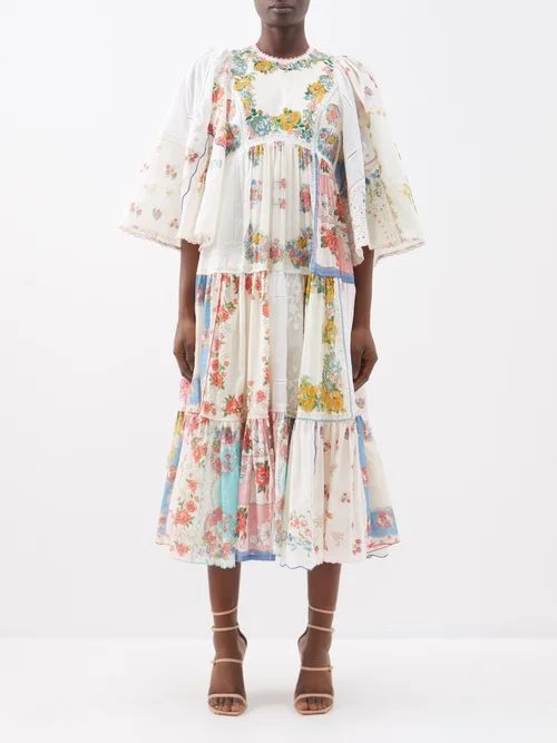 Clover Patchwork Cotton Midi Dress - Womens - Ivory Multi