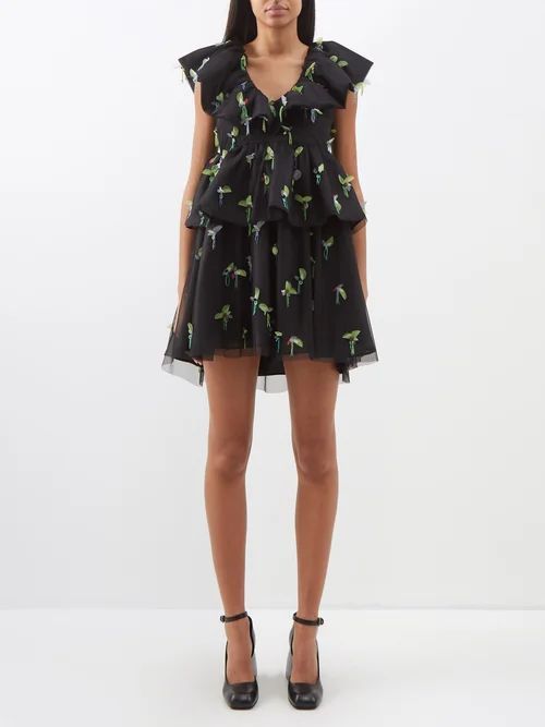 Floral Embroidered Georgette Mini Dress - Womens - Black