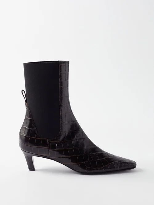 Kitten-heel Croc-embossed Leather Ankle Boots - Womens - Dark Brown