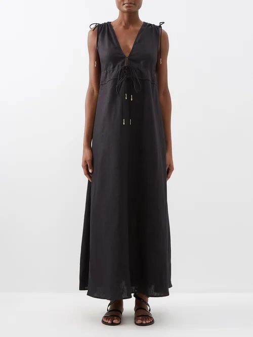 Kendra Ruched Linen Maxi Dress - Womens - Black