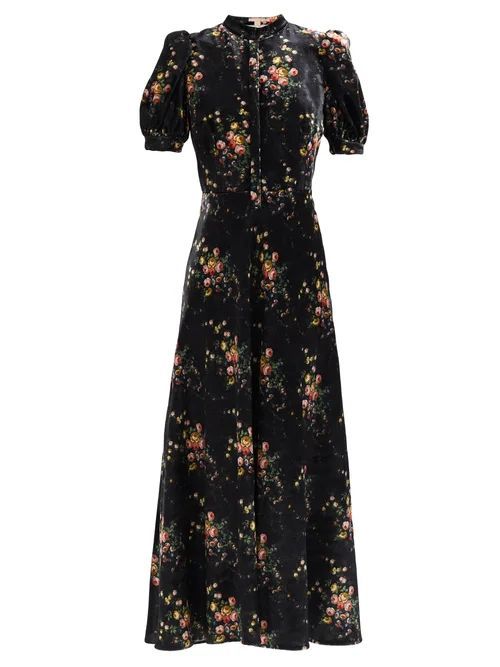 Tracy Puff-sleeve Floral-print Velvet Dress - Womens - Black Multi