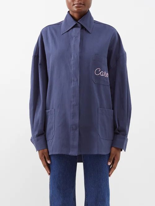 Betty Oversized Logo-embroidered Cotton Overshirt - Womens - Dark Blue