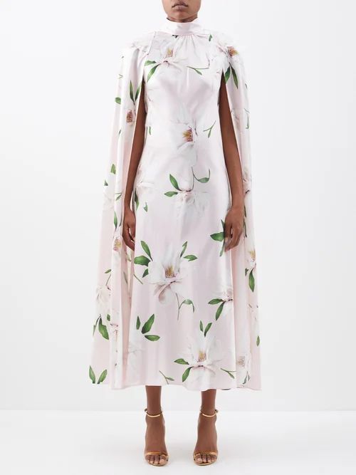 Caped Floral-print Silk-satin Midi Dress - Womens - Pink Print