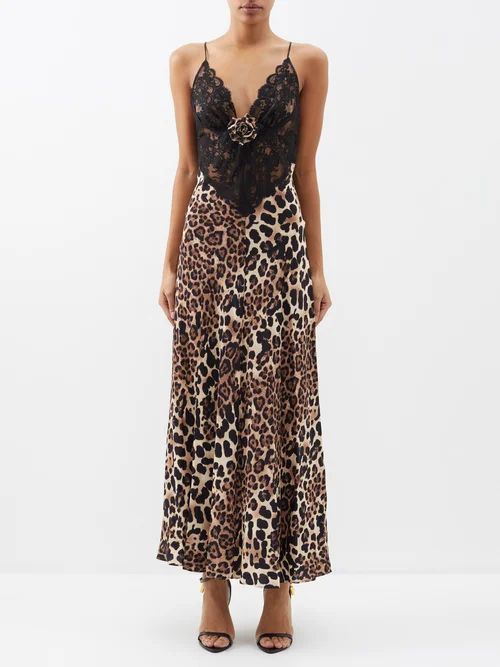 Lace-panelled Leopard-print Silk Dress - Womens - Leopard