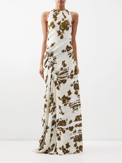 Halterneck Gathered Floral-print Jersey Maxi Dress - Womens - Cream Brown
