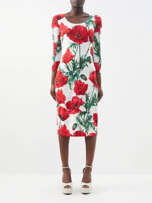 Happy Garden Poppy-print Silk-blend Midi Dress - Womens - Red Print