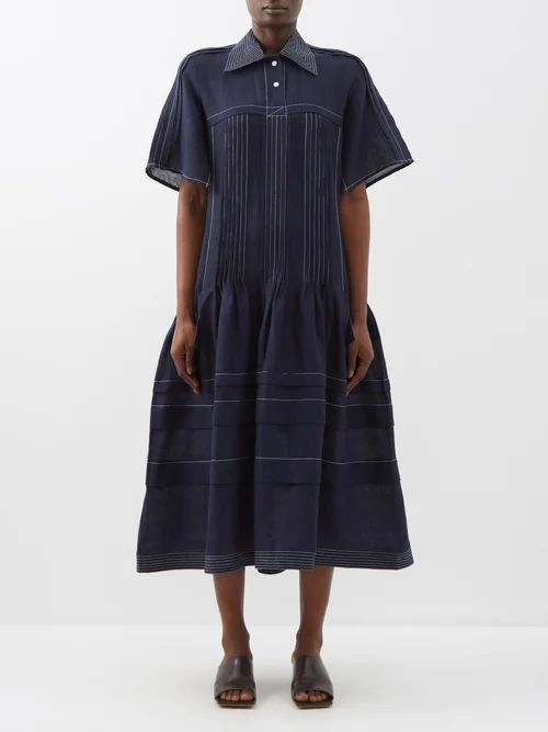 Pleated Linen-blend Midi Dress - Womens - Navy