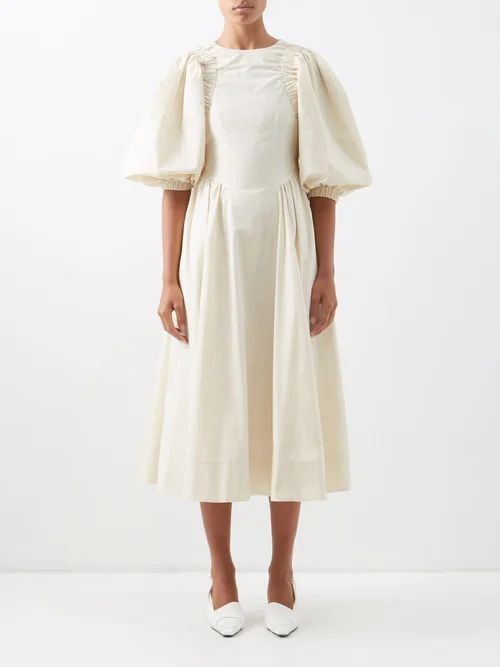 Etta Balloon-sleeve Organic-cotton Midi Dress - Womens - White