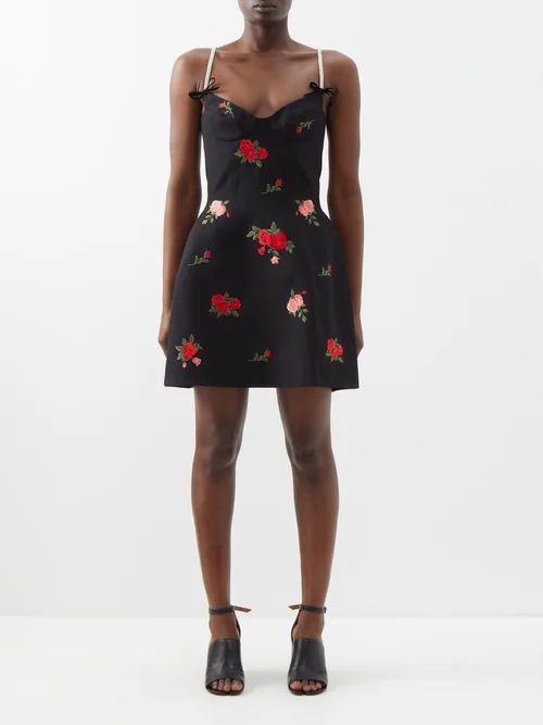 Floral-embroidered Wool-blend Mini Dress - Womens - Black Multi