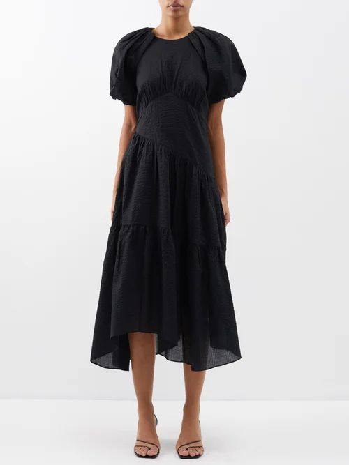 Asymmetric Puff-sleeve Cotton Midi Dress - Womens - Black