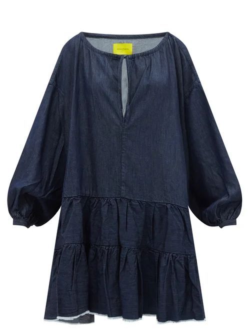 Oversized Tiered Washed-denim Mini Dress - Womens - Mid Denim