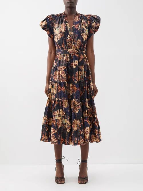 Ottilie Floral-print Cotton-poplin Midi Dress - Womens - Black Multi