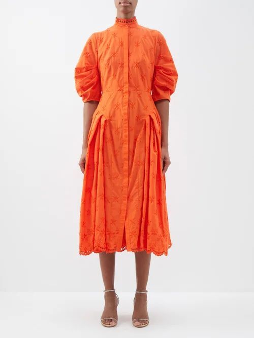 Zelda Puff-sleeve Broderie-anglaise Poplin Dress - Womens - Orange