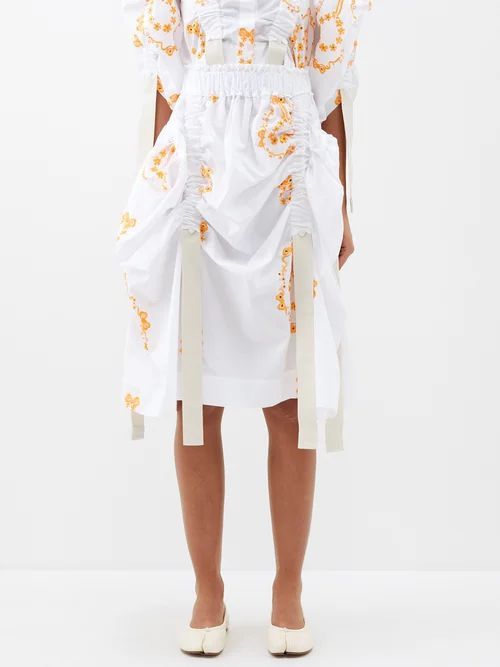 Floral-embroidered Ruched Cotton-poplin Midi Skirt - Womens - Orange White