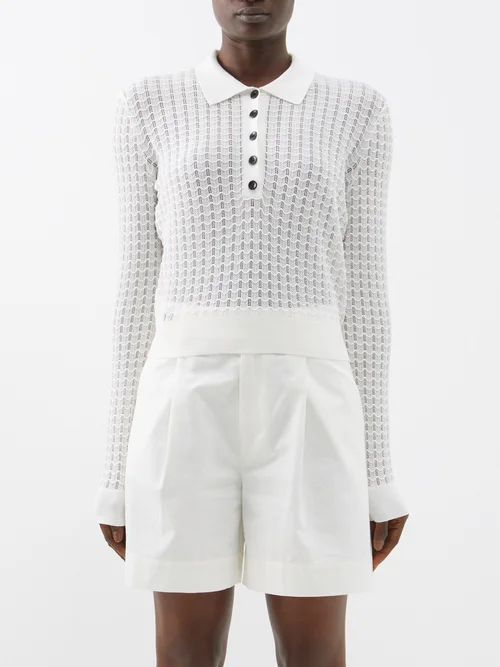Open-knit Cotton-blend Long-sleeved Polo Shirt - Womens - Off White
