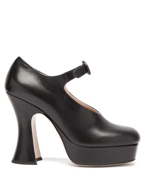 Curved-heel Leather Platform Mary Jane Pumps - Womens - Black