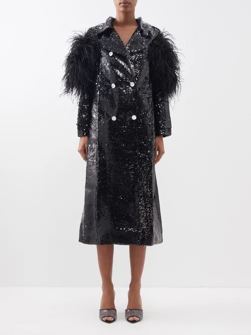 Feather-trim Sequinned Coat - Womens - Black
