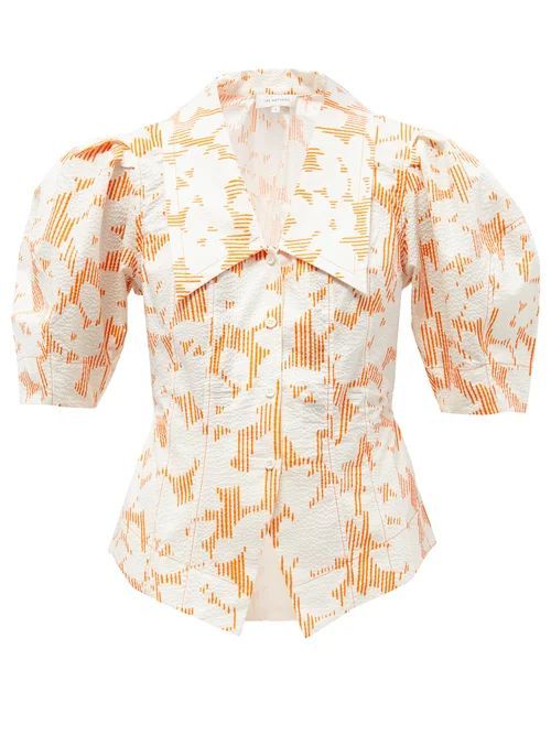 Honeysuckle Floral-print Cotton-seersucker Shirt - Womens - Orange White