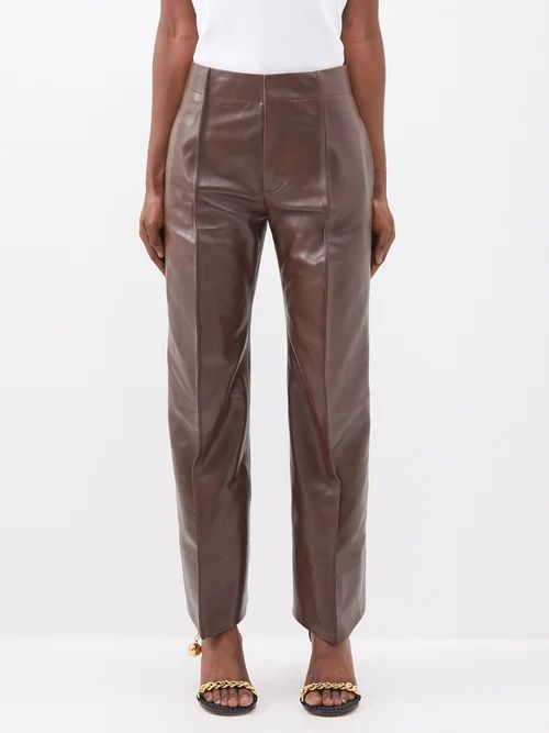 Pintucked-seam Leather Trousers - Womens - Dark Brown