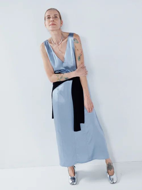 Oversized Panelled V-neck Slip Dress - Womens - Light Blue