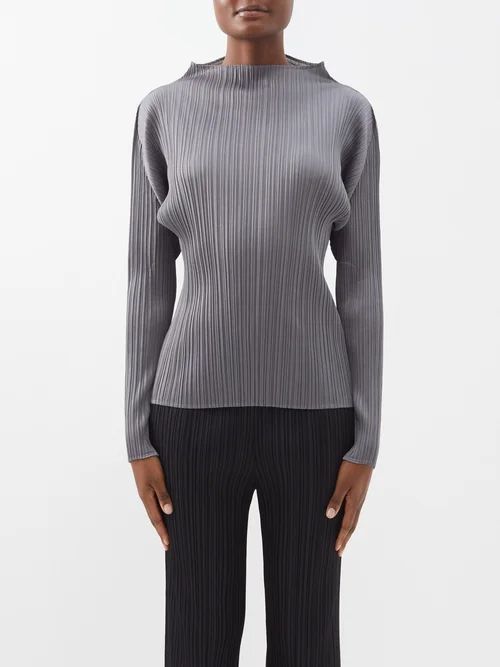 High-neck Technical-pleated Top - Womens - Grey