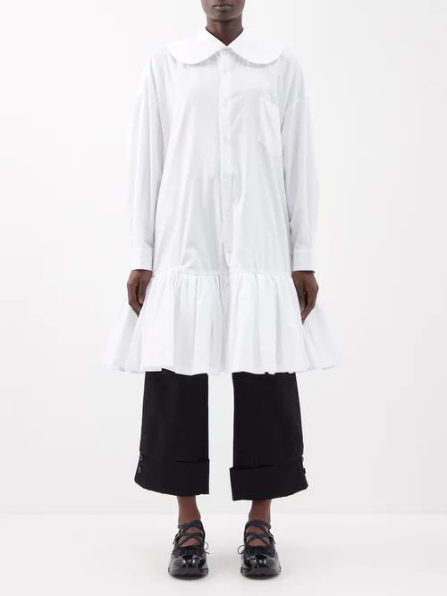Gathered-hem Cotton-poplin Oversized Shirt Dress - Womens - White