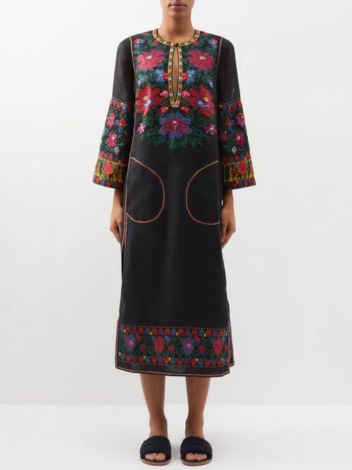 Tender Summer Floral-embroidered Linen Midi Dress - Womens - Black Multi