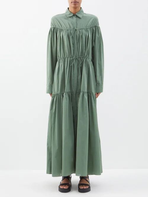 Drawstring Organic Cotton-blend Maxi Shirt Dress - Womens - Olive