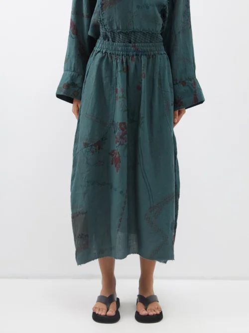Nadia Patchwork Vintage-linen Midi Skirt - Womens - Dark Green