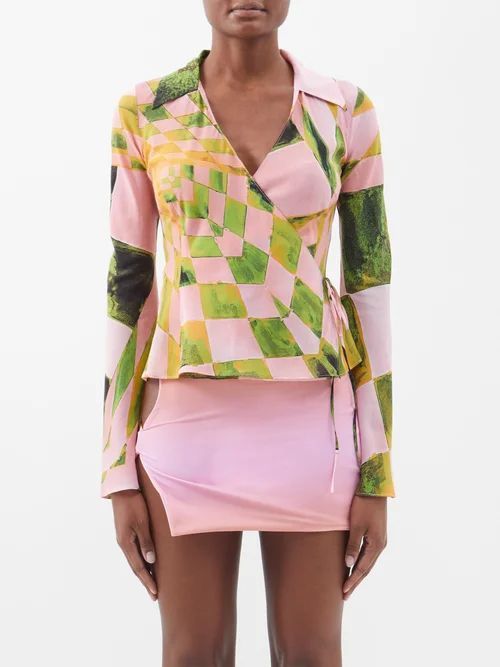 Endgame-print Silk-jersey Wrap Shirt - Womens - Pink Green