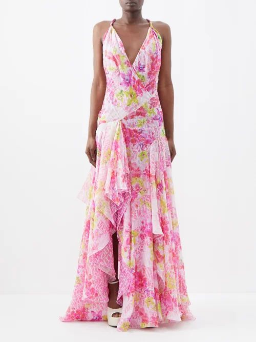 Orchid-print Silk-chiffon Gown - Womens - Pink Multi