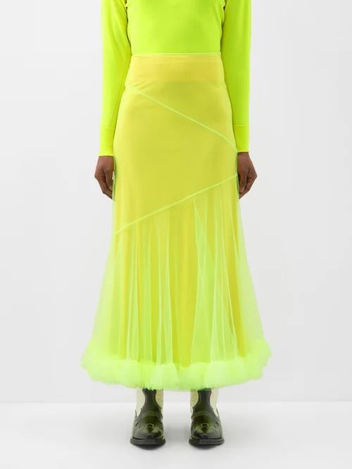 Helga Asymmetric Tiered Tulle Midi Skirt - Womens - Neon Yellow