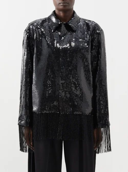 Sequinned Blass Fringe-trim Jacket - Womens - Brown Black