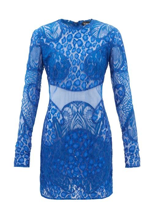 Leopard Chantilly-lace Mini Dress - Womens - Blue