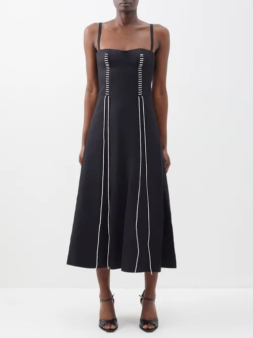 Bustier Topstitched Wool-blend Midi Dress - Womens - Black