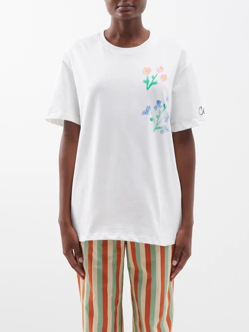 Kara Flower-print Organic-cotton T-shirt - Womens - White Multi