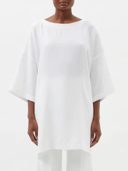 Boat-neck Linen-blend Voile T-shirt Dress - Womens - White