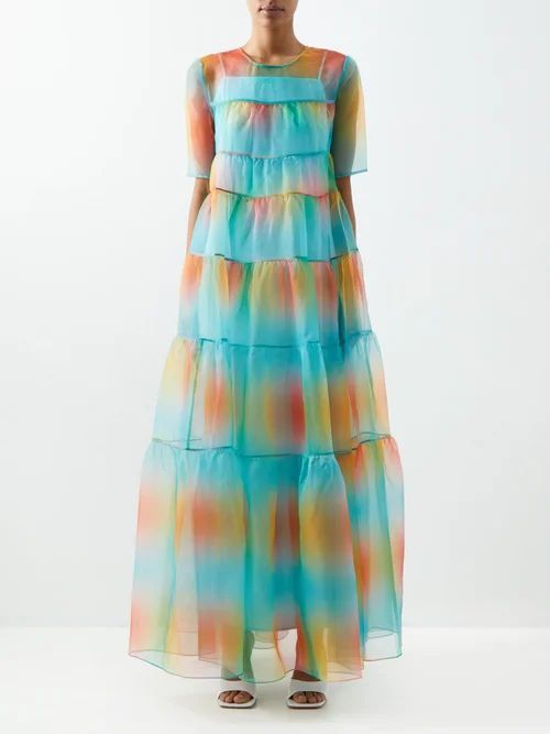 Hyacinth Banded Organza Maxi Dress - Womens - Blue Multi