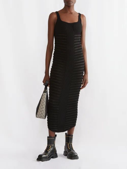 Textured Rib-knit Midi Dress - Womens - Black