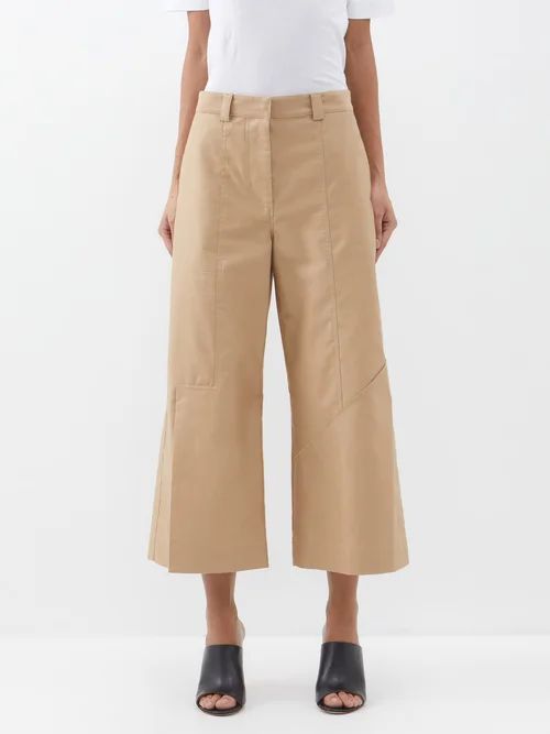 Cropped Wide-leg Cotton Trousers - Womens - Beige