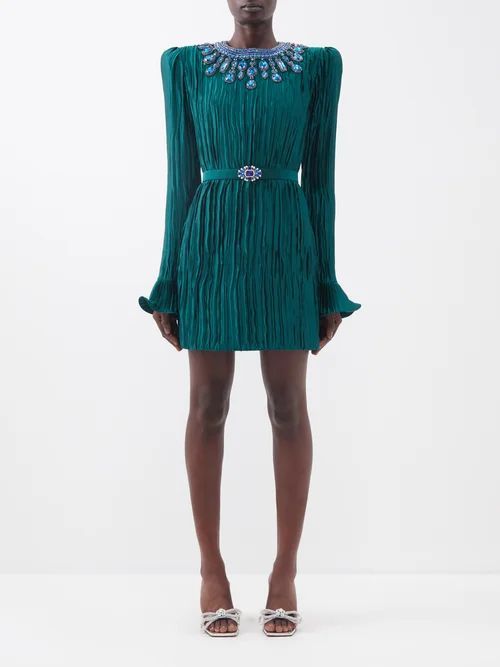 Crystal-embellished Plissé Silk-blend Dress - Womens - Dark Green