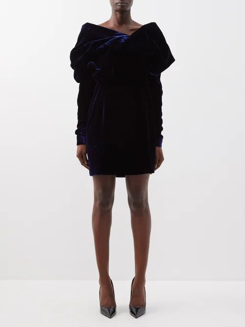 Asymmetric Draped Velvet Mini Dress - Womens - Navy