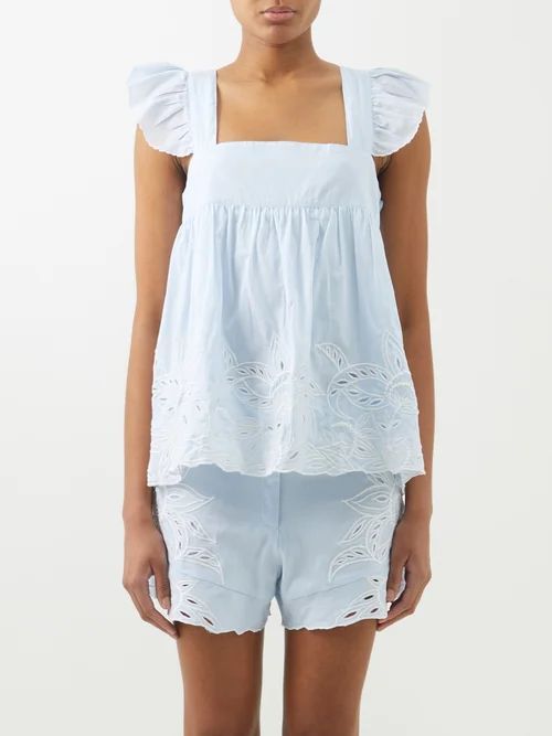 Floral-embroidered Cotton Baby Doll Top - Womens - Blue White
