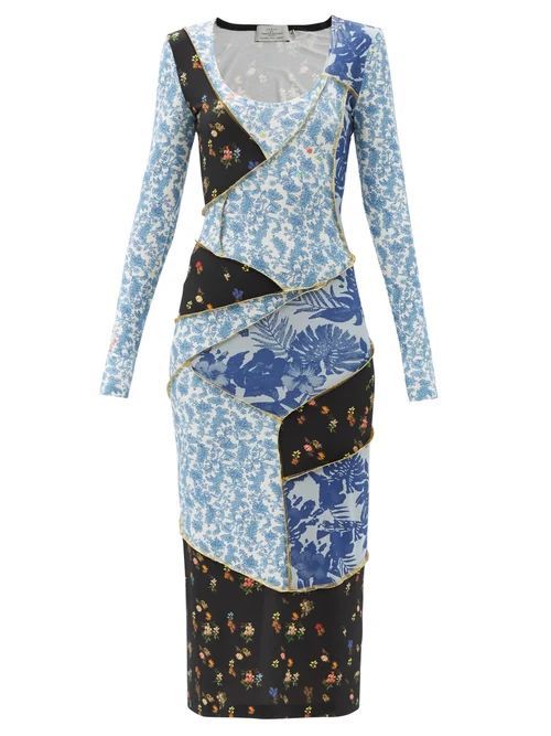 Jun Patchwork Floral-print Crepe Dress - Womens - Blue Multi